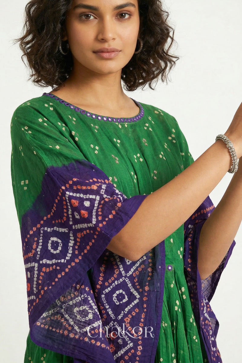 Bandhani kaftan neckline with mirror work detail in green and purple mulmul cotton for summer.
