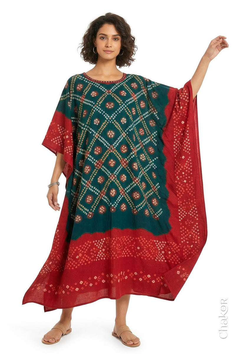 Bandhani kaftan neckline with mirror work detail in green and red mulmul cotton for summer.
