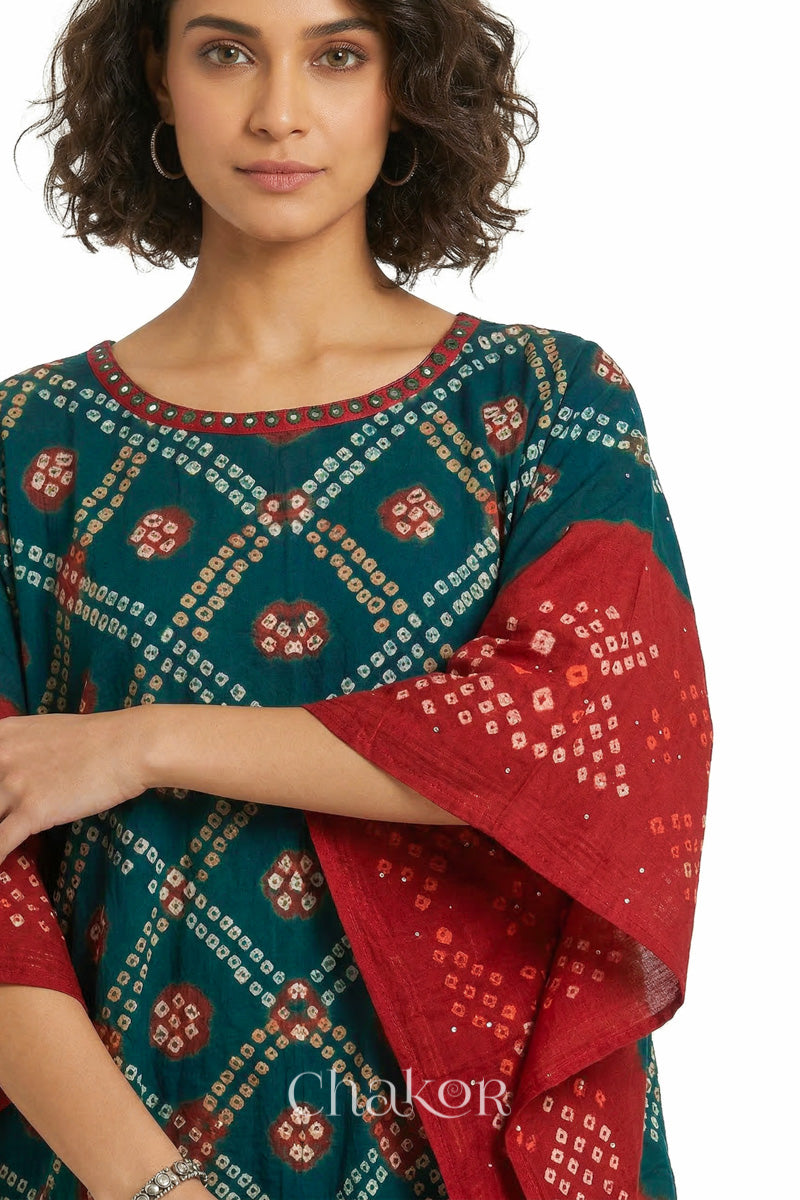 Bandhani kaftan neckline with mirror work detail in green and red mulmul cotton for summer.
