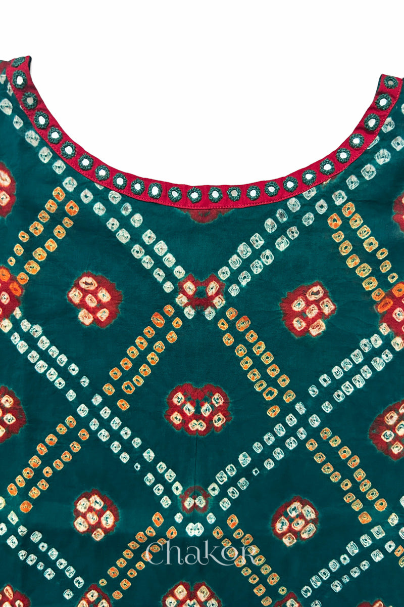 Kutch Bandhani pattern with mirror neckline detail on handcrafted cotton mulmul kaftan dress.
