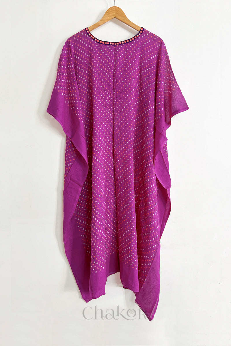 Handcrafted Kutch bandhani women's kaftan hanging full length in mulmul cotton with mirror work, loose fit for summer.
