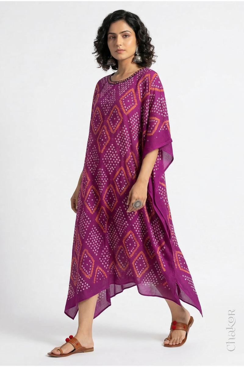 Mulmul cotton bandhani kaftan dress for women with mirror work in magenta purple, relaxed fit for summer.
