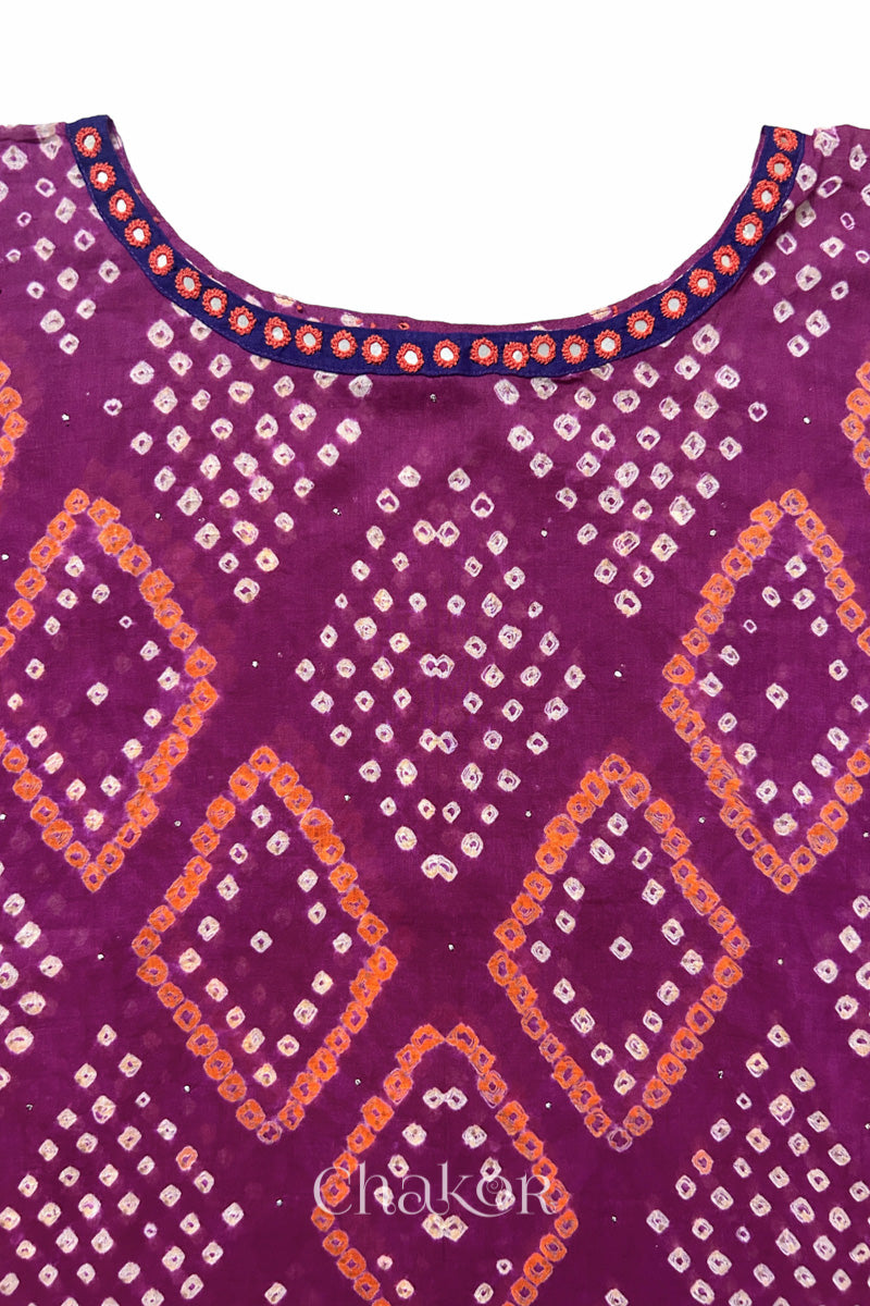 Kutch Bandhani pattern with mirror neckline detail on handcrafted cotton mulmul kaftan dress.
