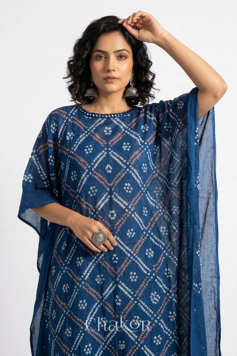Bandhani kaftan neckline with mirror work detail in indigo mulmul cotton for summer.
