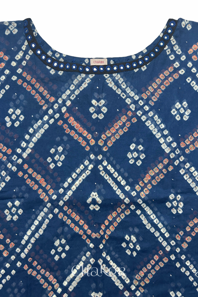 Kutch Bandhani pattern with mirror neckline detail on handcrafted cotton mulmul kaftan dress.
