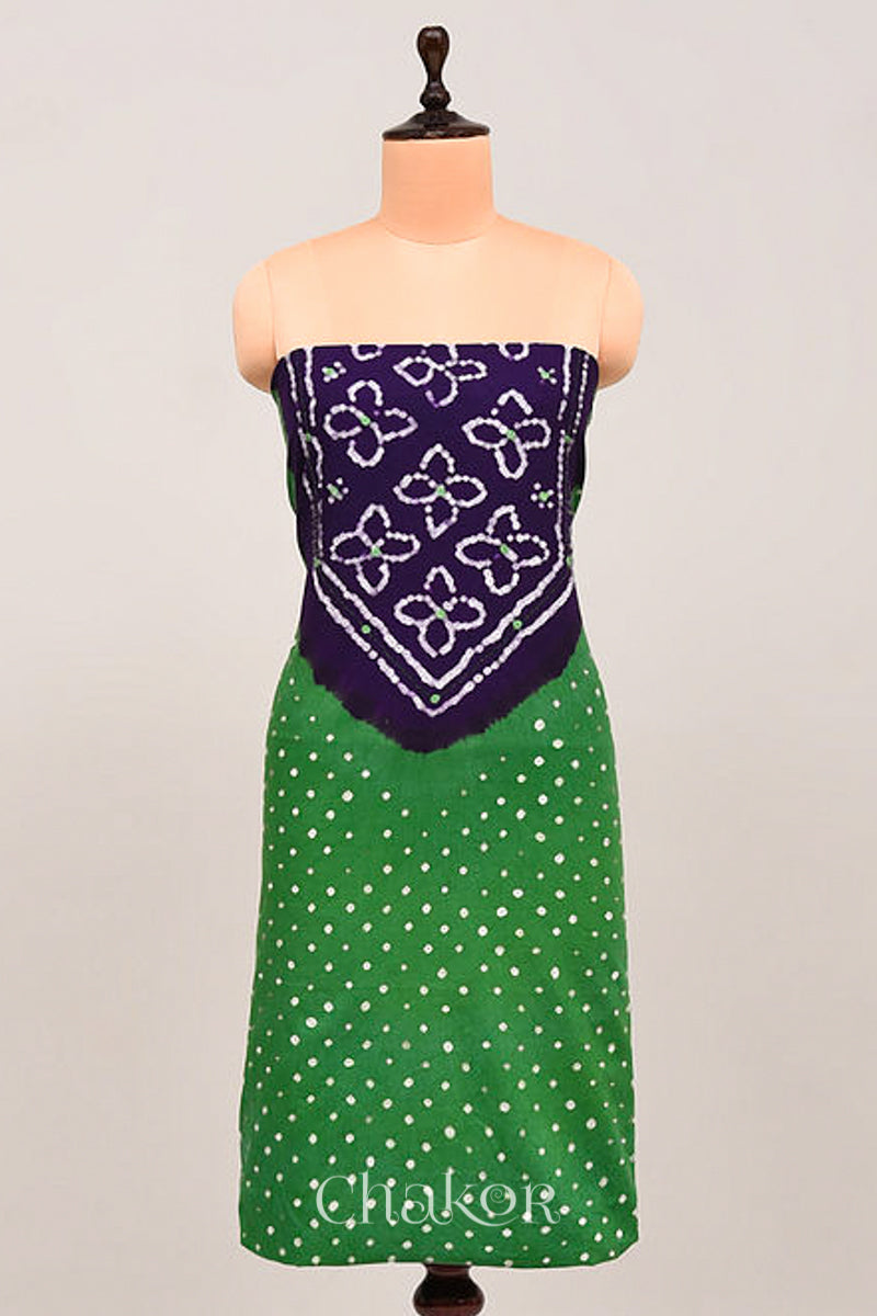 Handcrafted Green and Purple Bandhani Cotton Kurta Material with floral tie-dye bandhej patterns and mirror embroidery.