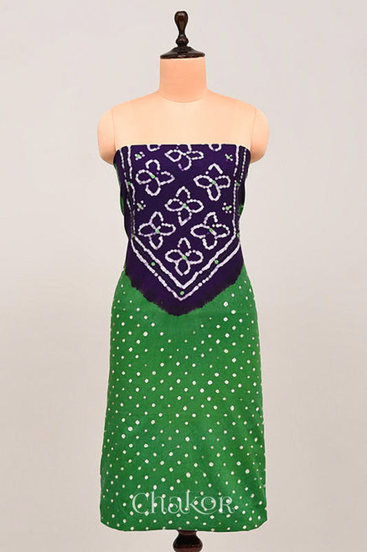 Handcrafted Green and Purple Bandhani Cotton Kurta Material with floral tie-dye bandhej patterns and mirror embroidery.