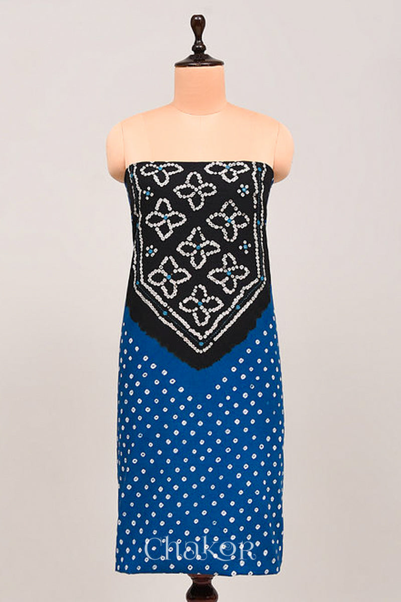 Handcrafted Blue and black Bandhani Cotton Kurta Material with floral tie-dye bandhej patterns and mirror embroidery.