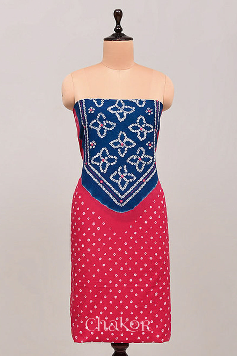 Handcrafted Pink and blue Bandhani Cotton Kurta Material with floral tie-dye bandhej patterns and mirror embroidery.