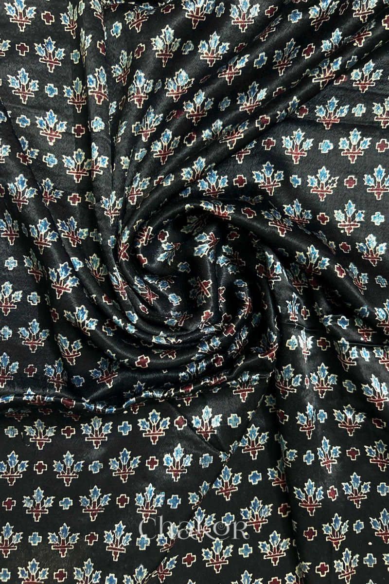 Natural Black Ajrakh Printed Mashru Blouse Fabric - 1 meter