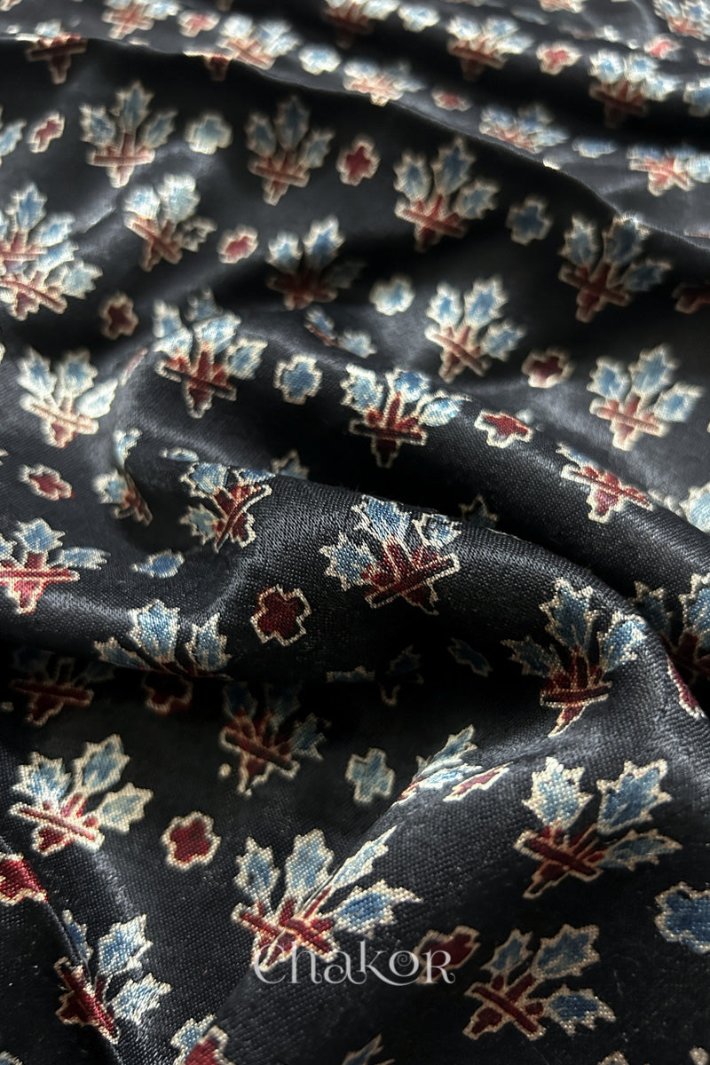 Natural Black Ajrakh Printed Mashru Blouse Fabric - 1 meter