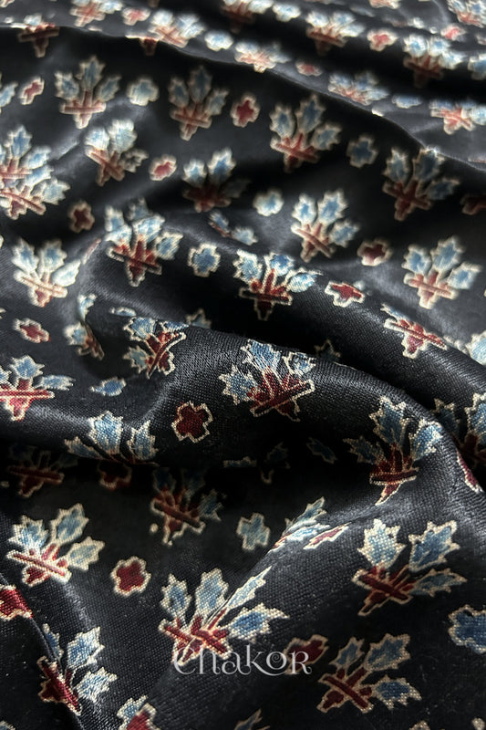 Natural Black Ajrakh Printed Mashru Blouse Fabric - 1 meter