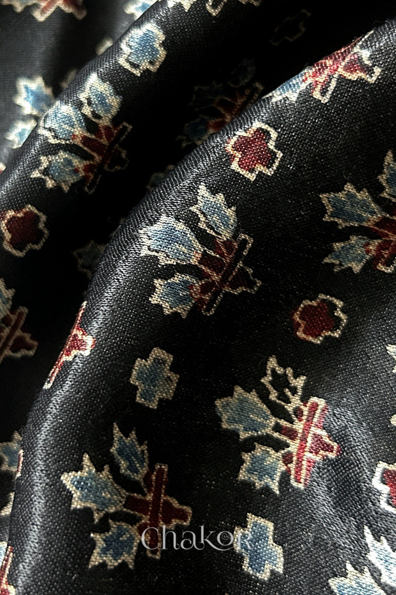 Natural Black Ajrakh Printed Mashru Blouse Fabric - 1 meter