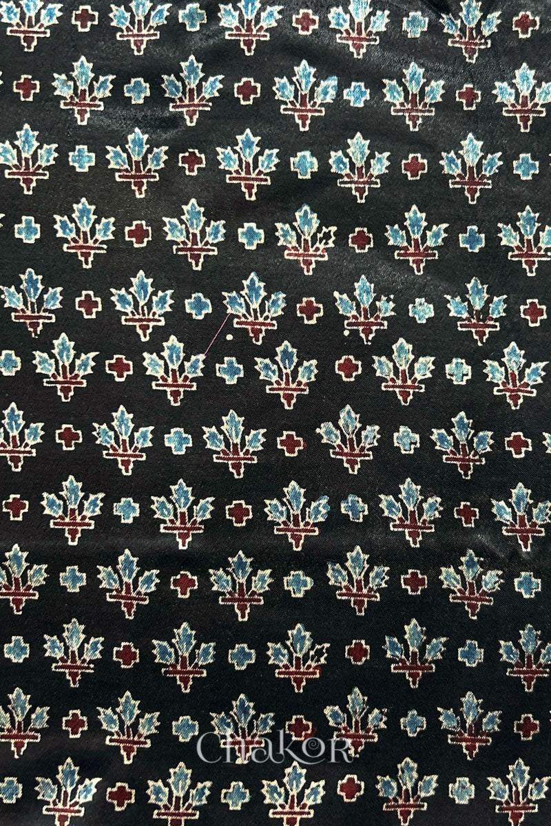 Natural Black Ajrakh Printed Mashru Blouse Fabric - 1 meter