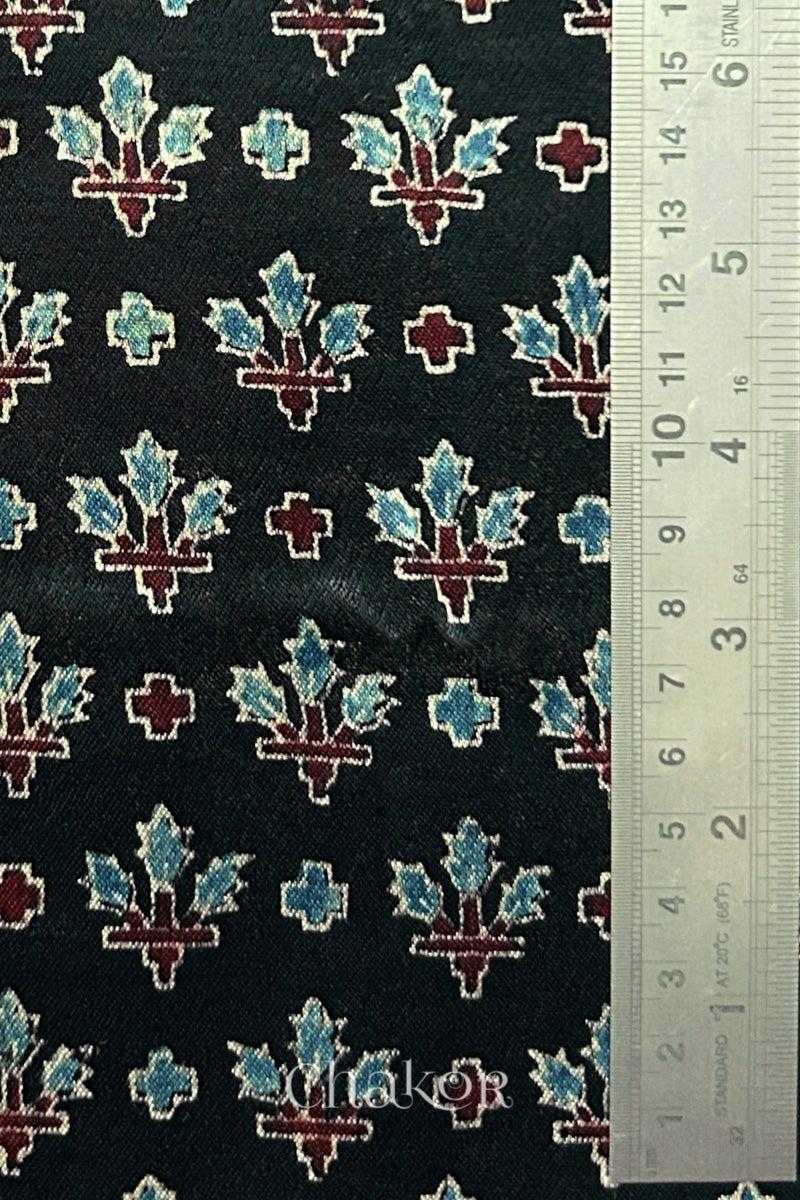 Natural Black Ajrakh Printed Mashru Blouse Fabric - 1 meter