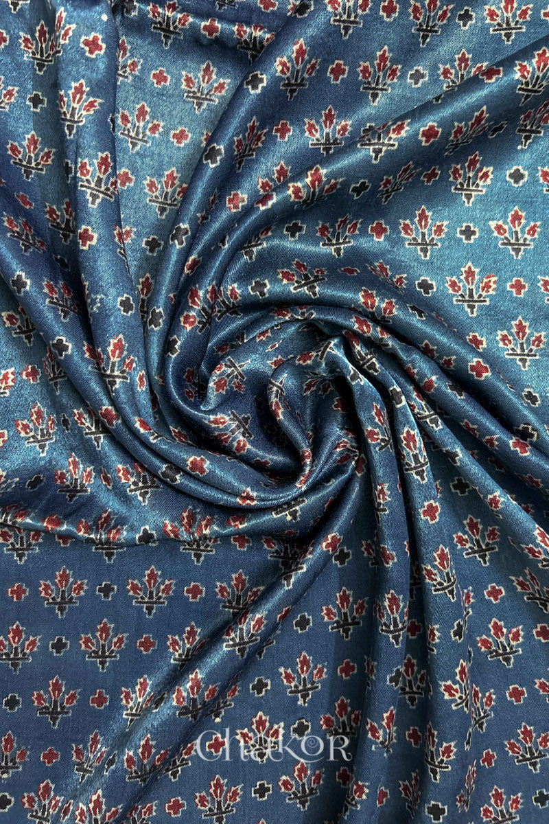 Natural Indigo Ajrakh Printed Mashru Blouse Fabric - 1 meter