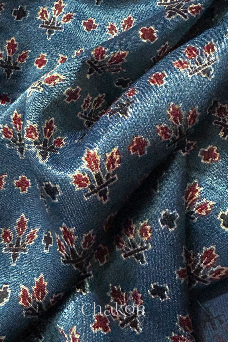 Natural Indigo Ajrakh Printed Mashru Blouse Fabric - 1 meter