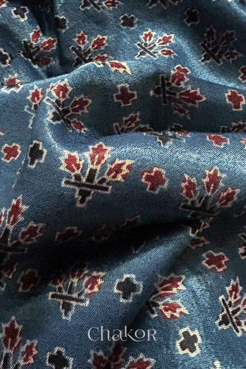 Natural Indigo Ajrakh Printed Mashru Blouse Fabric - 1 meter