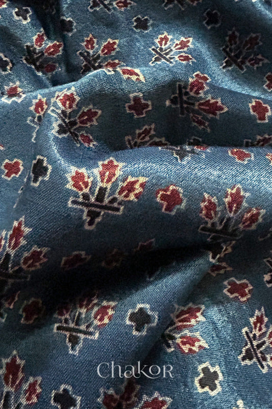 Natural Indigo Ajrakh Printed Mashru Blouse Fabric - 1 meter
