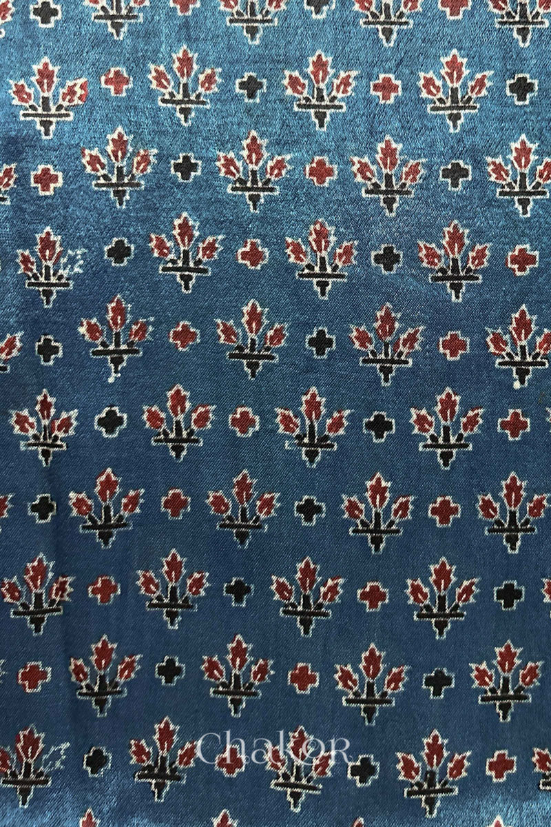 Natural Indigo Ajrakh Printed Mashru Blouse Fabric - 1 meter