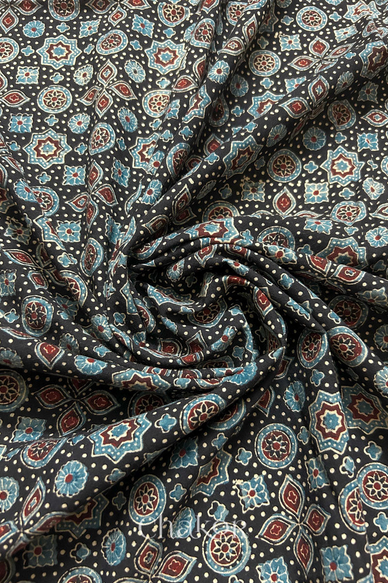 Natural Black Ajrakh Printed Cotton Blouse Fabric - 1 meter