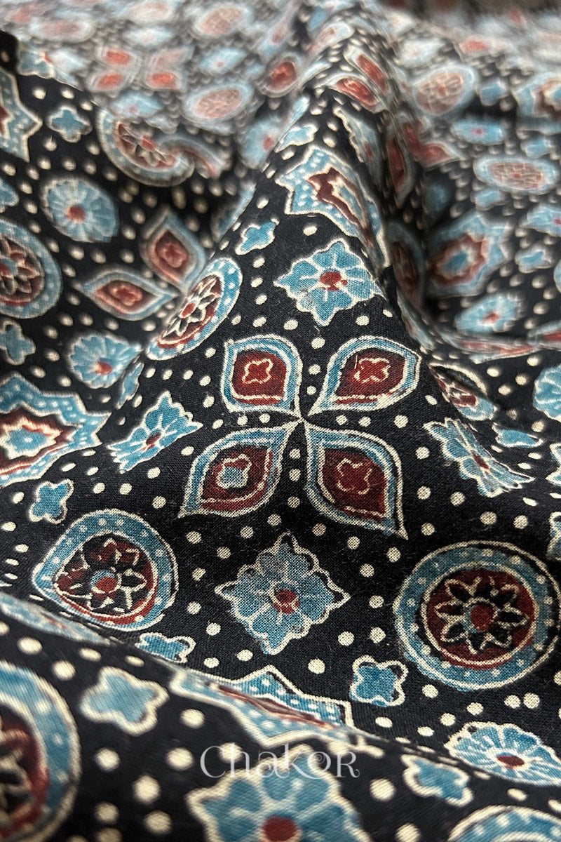 Natural Black Ajrakh Printed Cotton Blouse Fabric - 1 meter