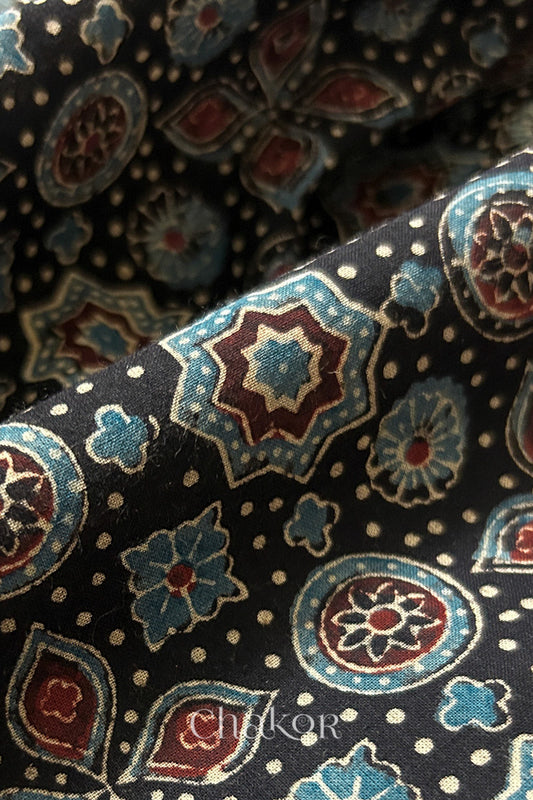 Natural Black Ajrakh Printed Cotton Blouse Fabric - 1 meter