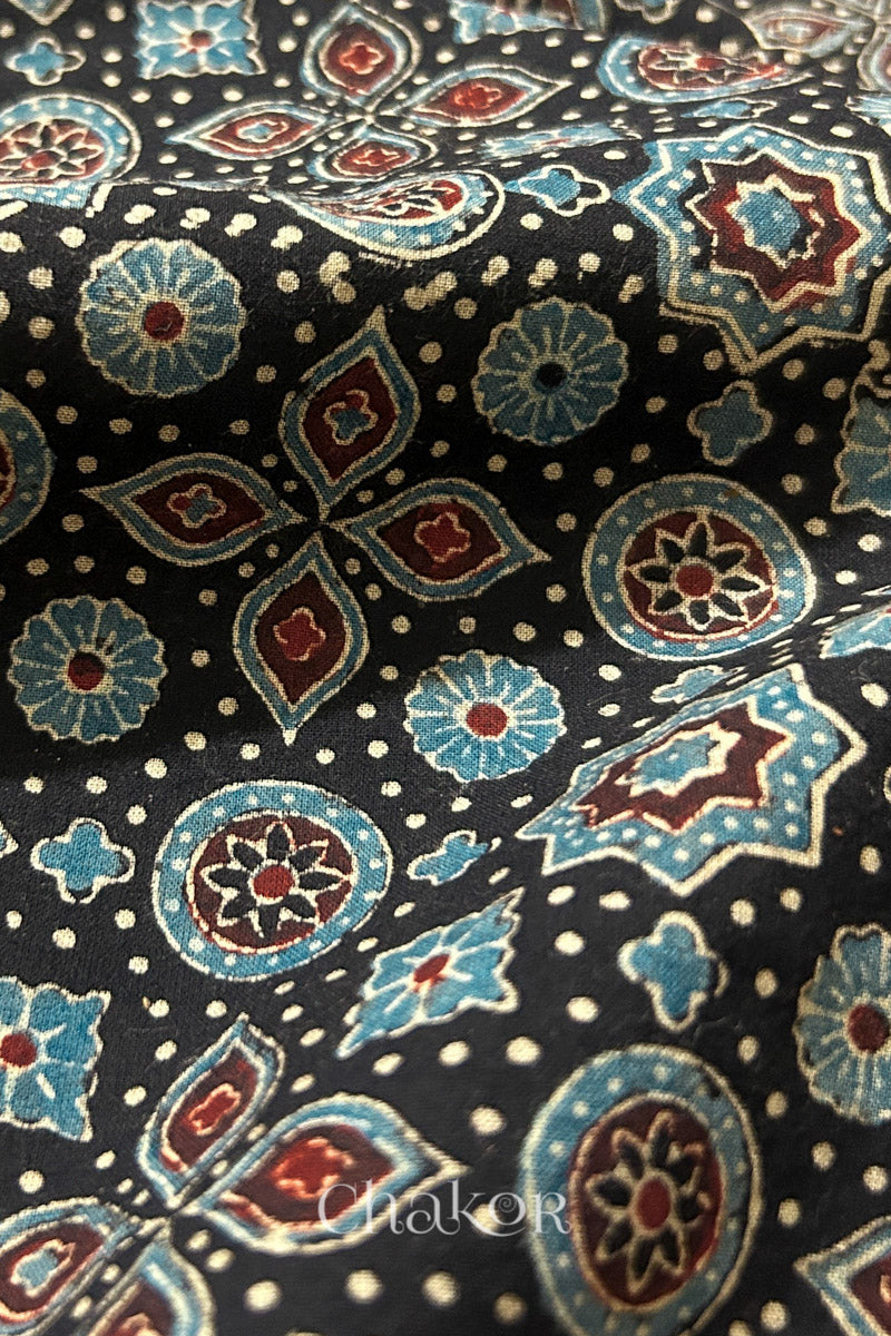 Black Ajrakh Printed Cotton Kurta Fabric - 3 meter
