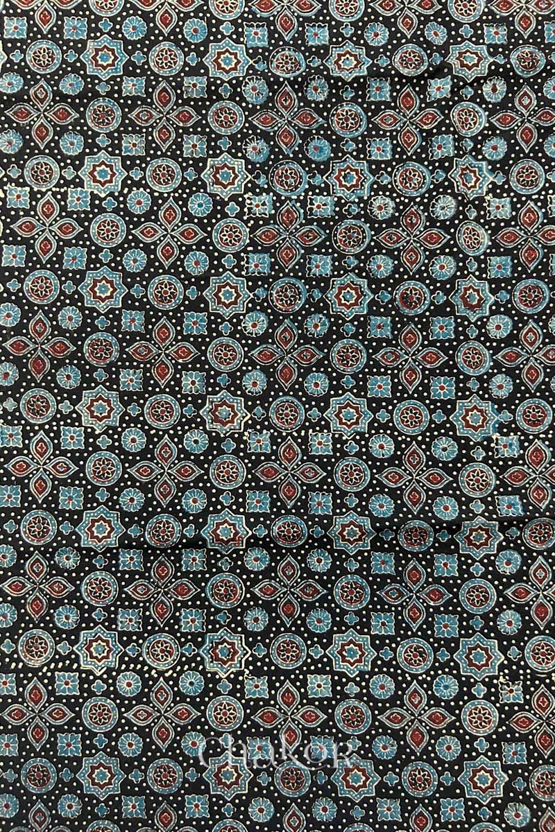 Natural Black Ajrakh Printed Cotton Blouse Fabric - 1 meter