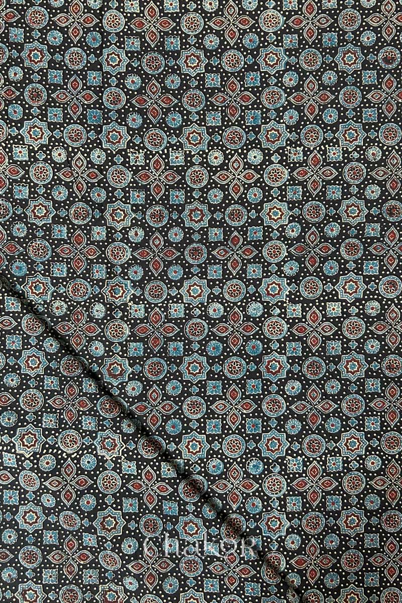 Natural Black Ajrakh Printed Cotton Blouse Fabric - 1 meter