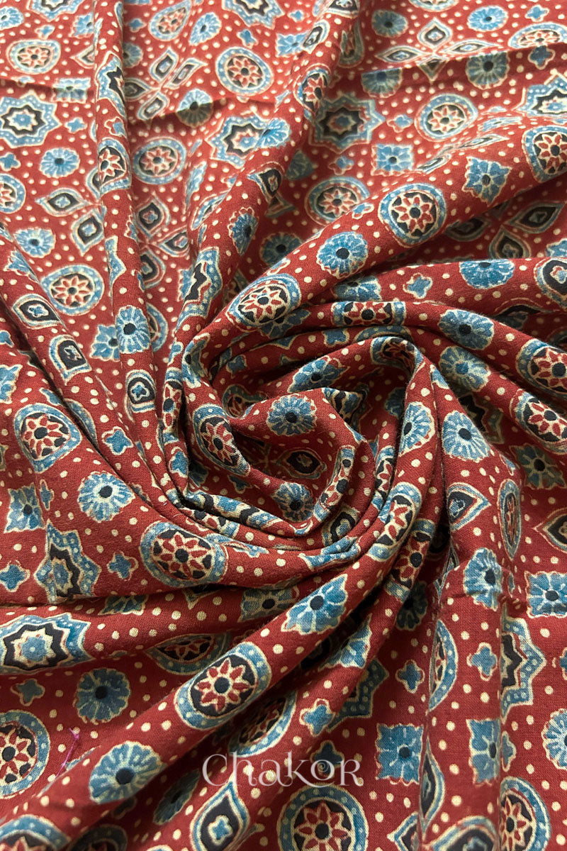 Natural Madder Red Ajrakh Printed Cotton Blouse Fabric - 1 meter