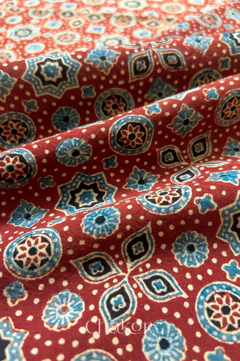 Madder Red Ajrakh Printed Cotton Kurta Fabric - 3 meter