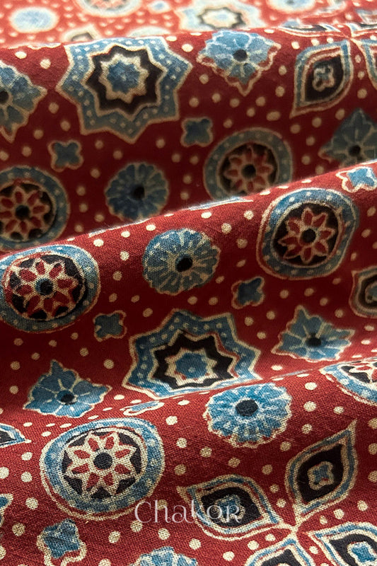 Natural Madder Red Ajrakh Printed Cotton Blouse Fabric - 1 meter