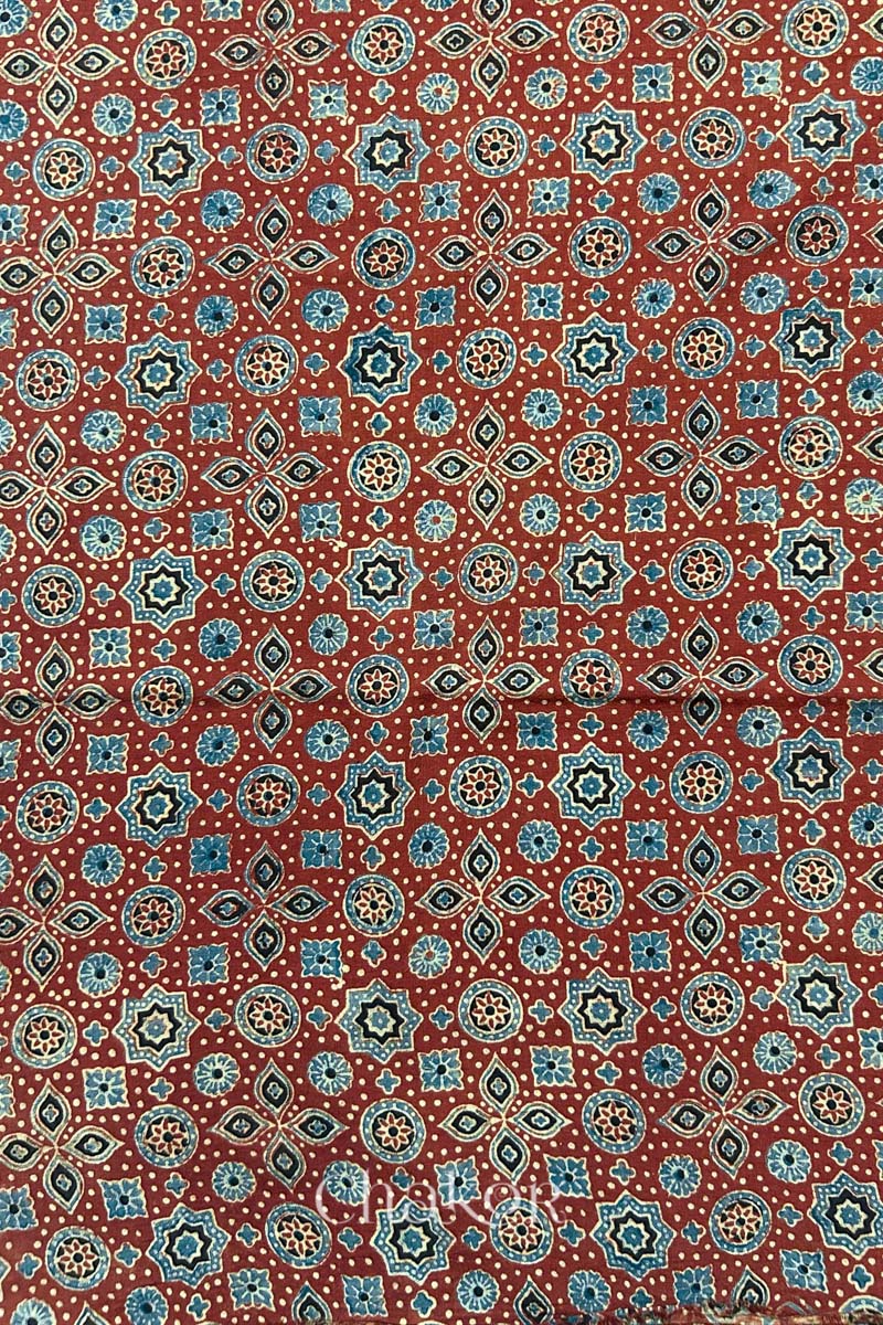 Natural Madder Red Ajrakh Printed Cotton Blouse Fabric - 1 meter