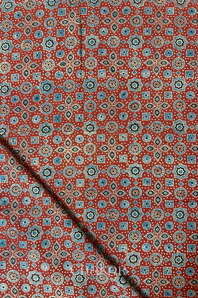 Natural Madder Red Ajrakh Printed Cotton Blouse Fabric - 1 meter