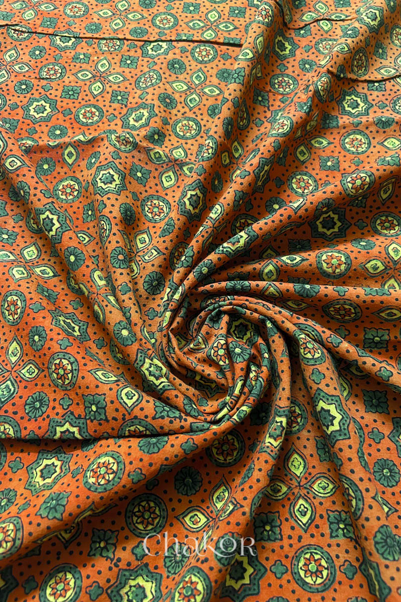 Rusty Orange Ajrakh Printed Cotton Kurta Fabric - 3 meter