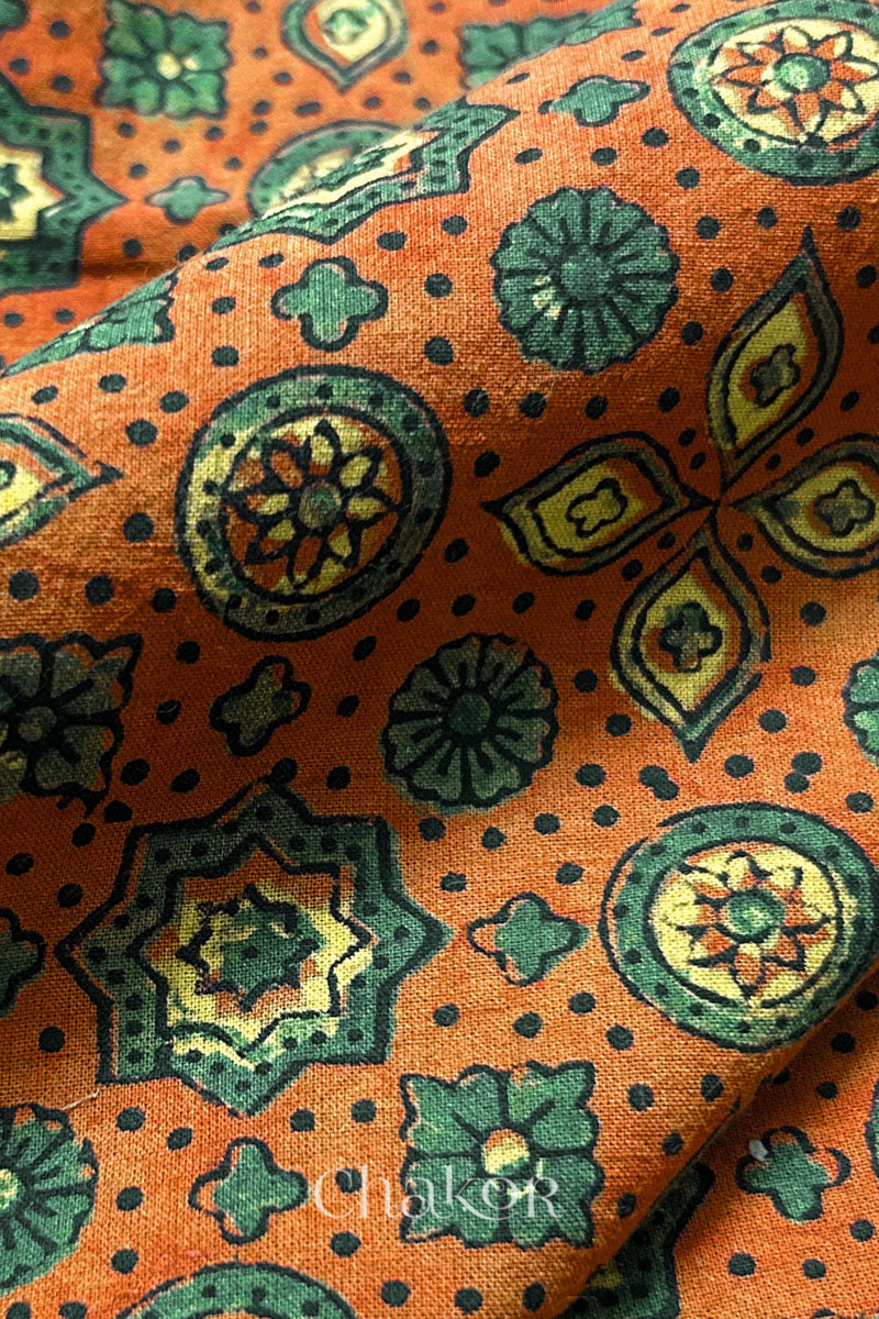 Rusty Orange Ajrakh Printed Cotton Kurta Fabric - 3 meter