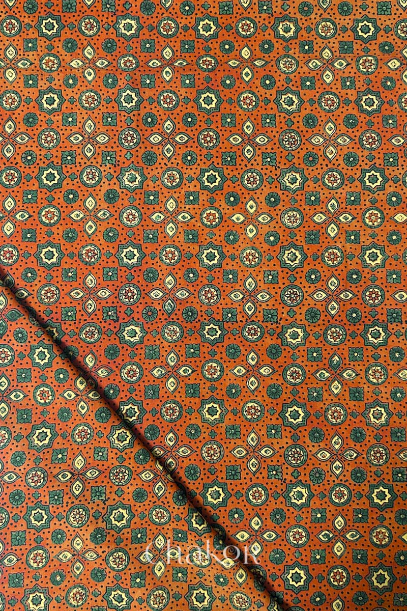 Rusty Orange Ajrakh Printed Cotton Kurta Fabric - 3 meter