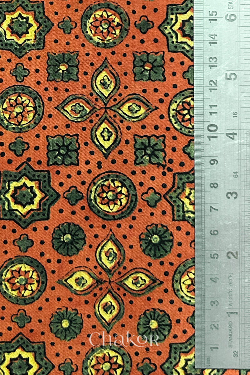 Rusty Orange Ajrakh Printed Cotton Kurta Fabric - 3 meter