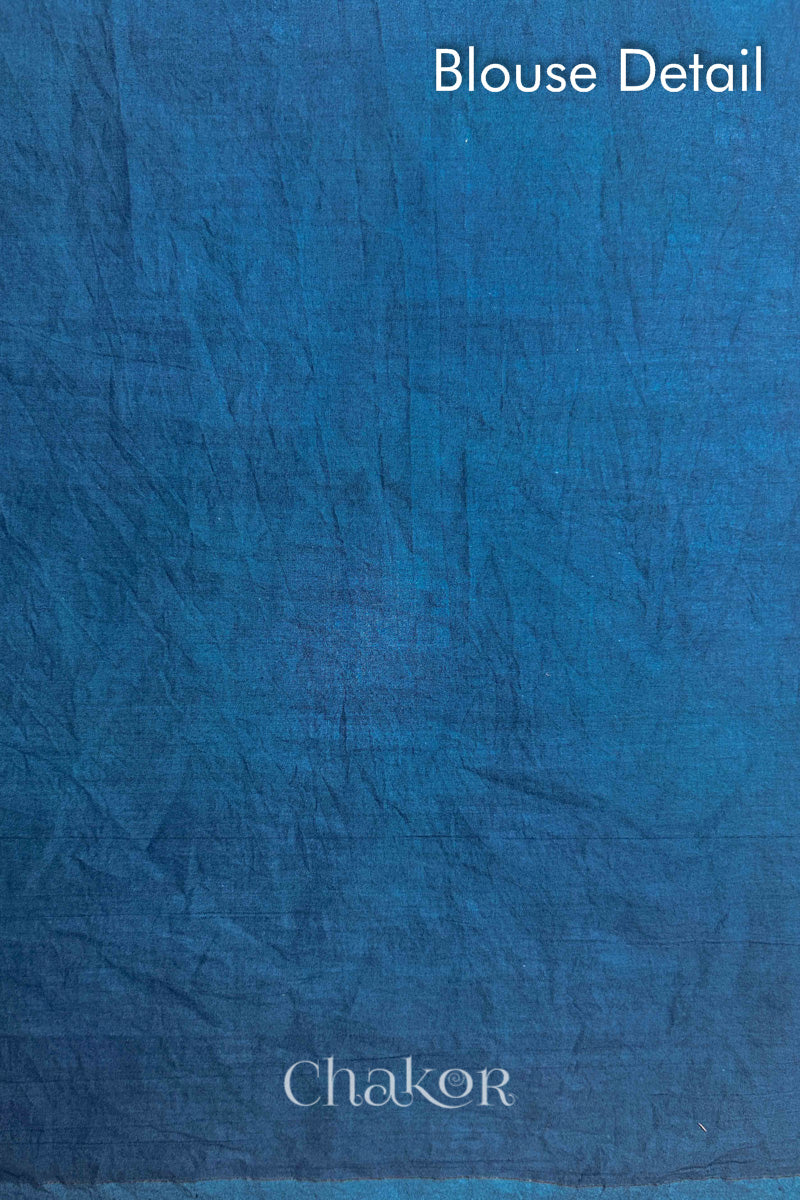 Blouse Detail: Handmade Bandhani Cotton Saree with Soft Orange and White Dots in Earthy Indgio Blue by Chakor.