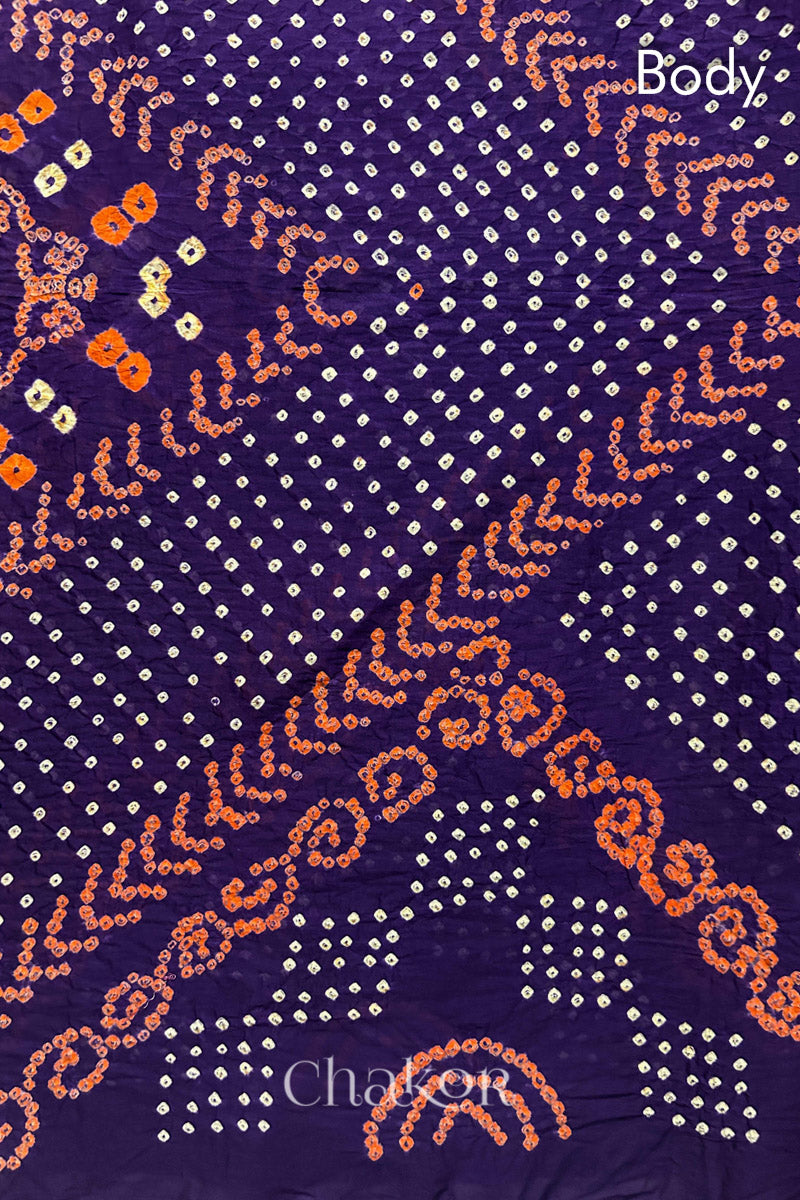 Body Detail of Tridev Mulmul Cotton purple saree with handcrafted Bandhani  – The Chakor Shop.