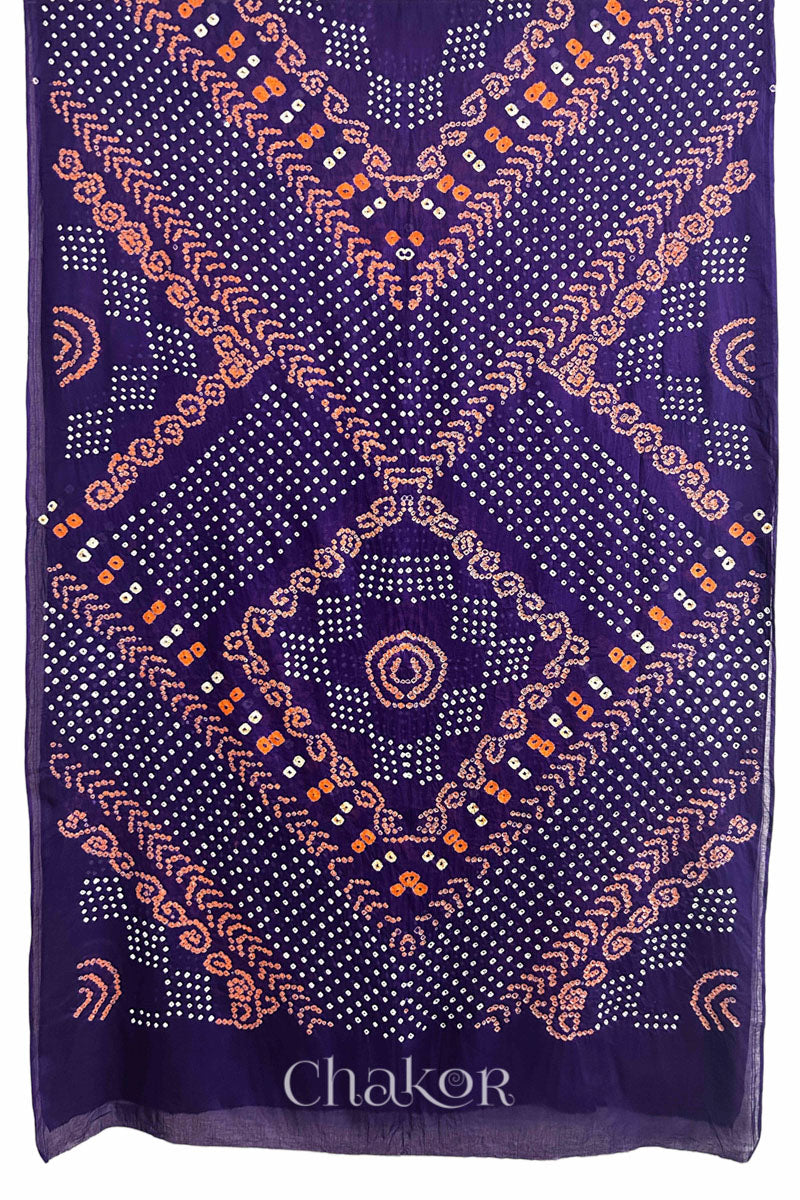 Full View of Tridev Mulmul Cotton purple saree with handcrafted Bandhani  – The Chakor Shop.