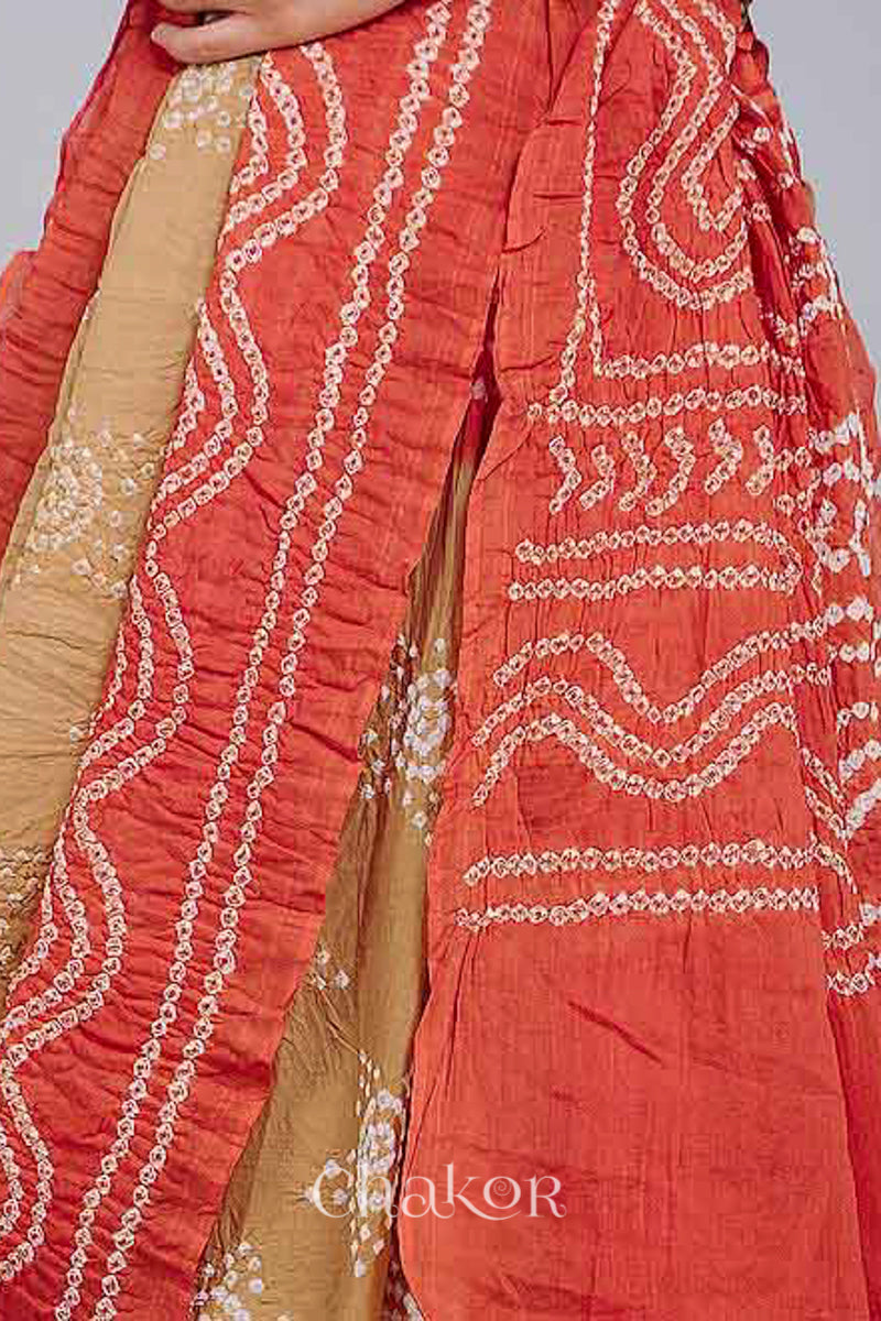 Handcrafted Beige Rust Bandhani Mul Cotton Saree by Chakor.