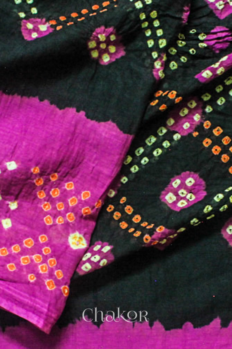 Traditional Black Magenta Bandhani Mul Cotton Saree by Chakor.