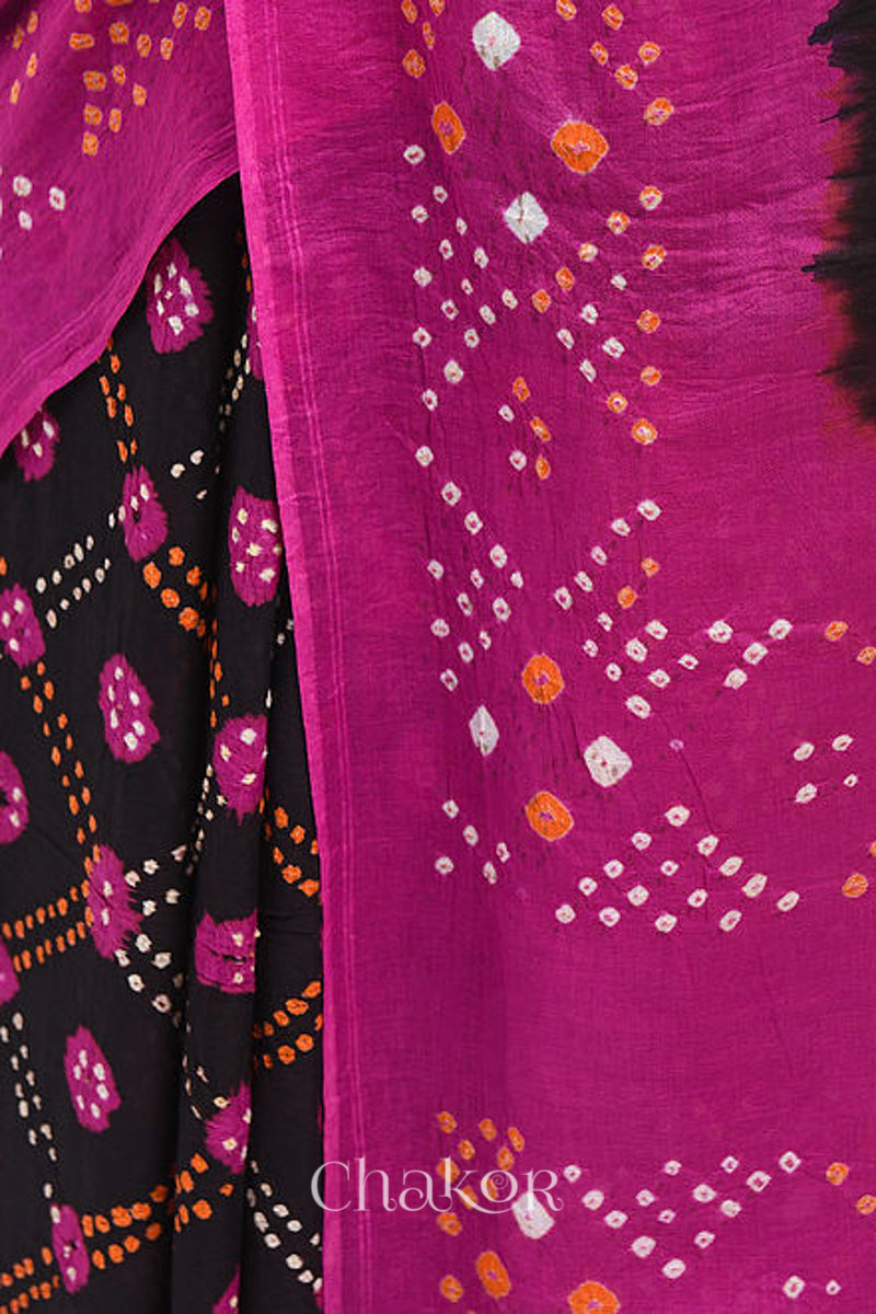 Traditional Black Magenta Bandhani Mul Cotton Saree by Chakor.