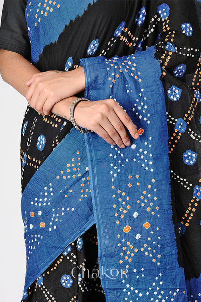 Traditional Black Indigo Bandhani Mul Cotton Saree by Chakor.