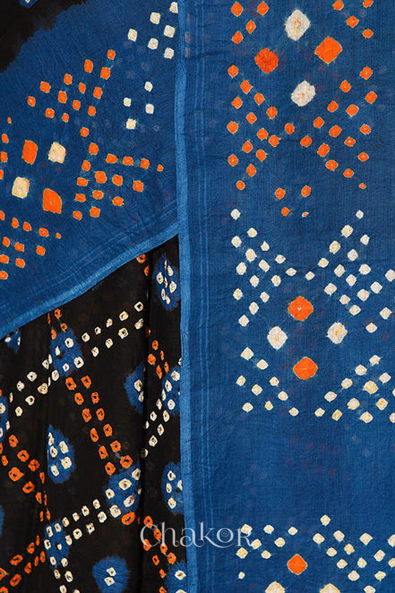 Traditional Black Indigo Bandhani Mul Cotton Saree by Chakor.