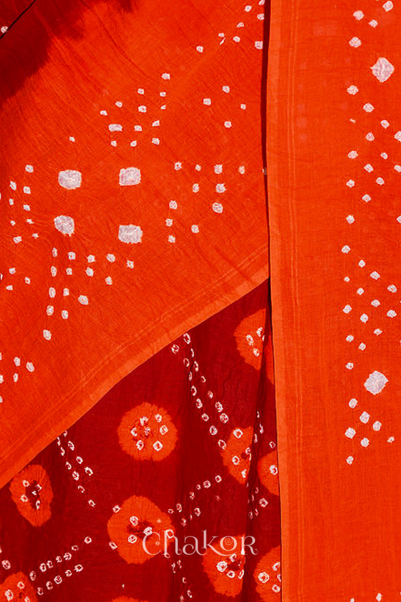 Traditional Maroon Orange Bandhani Mul Cotton Saree by Chakor.