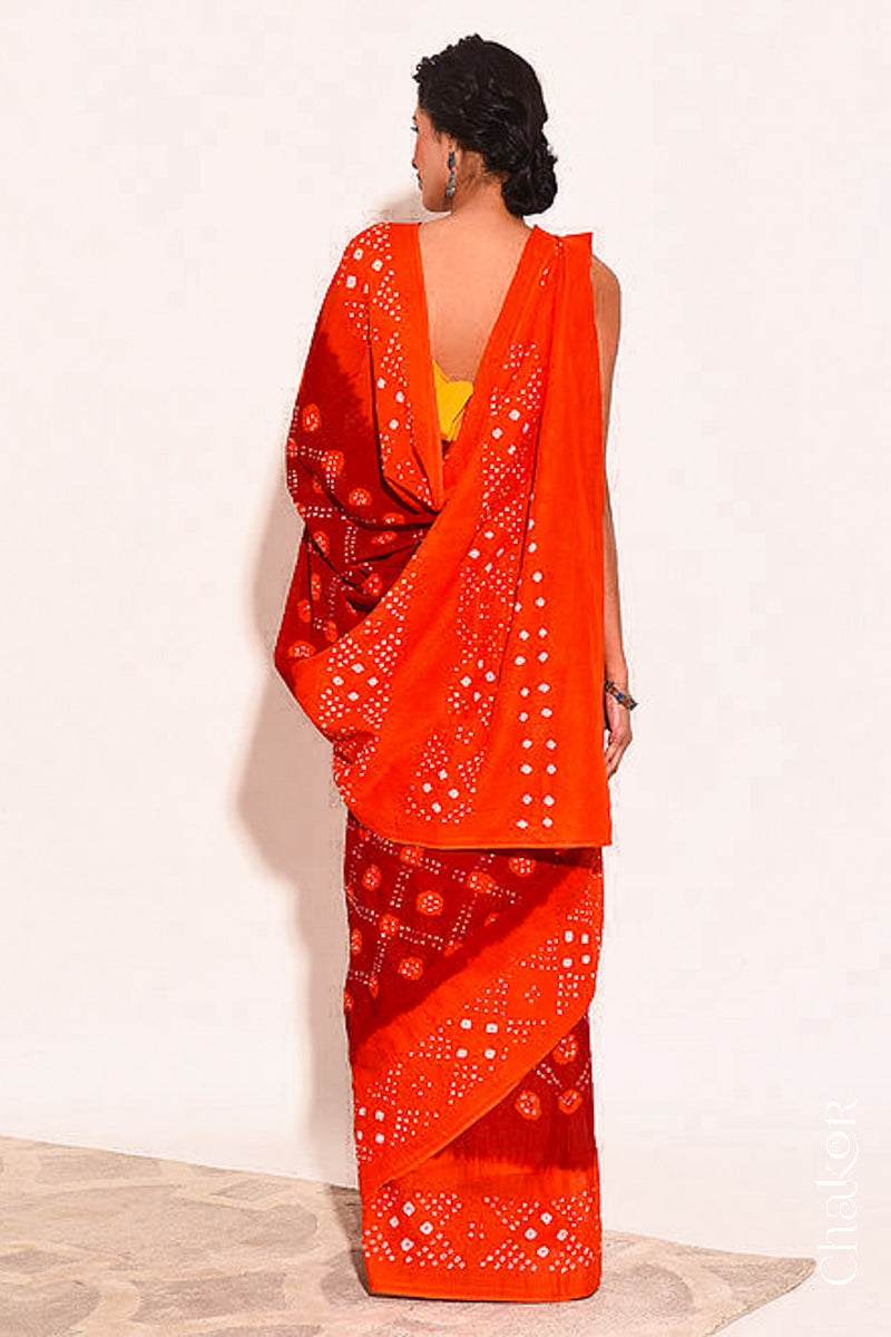 Traditional Maroon Orange Bandhani Mul Cotton Saree by Chakor.