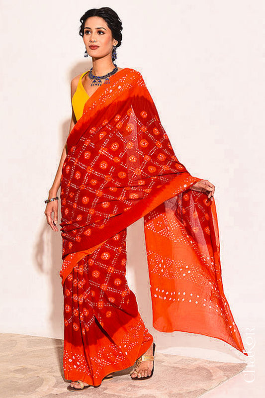 Traditional Maroon Orange Bandhani Mul Cotton Saree by Chakor.